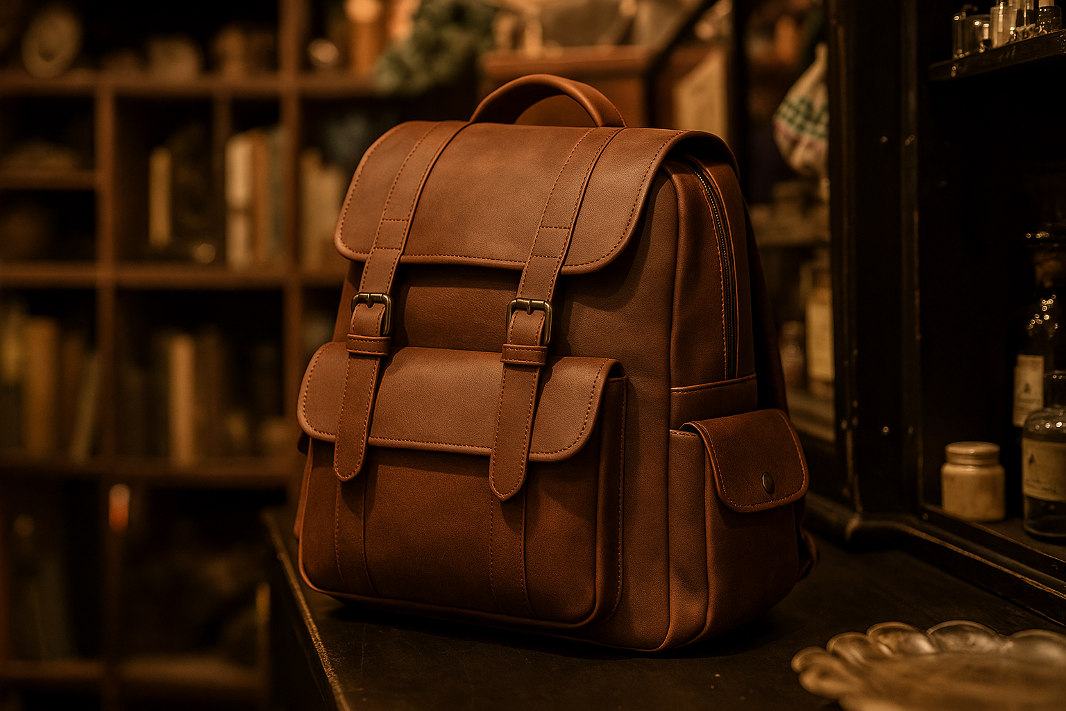 Un sac à dos en cuir marron sur une table