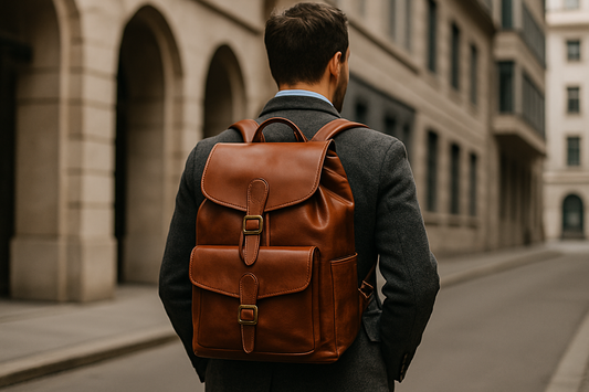 Un homme marchant dans la rue avec un sac à dos en cuire marron