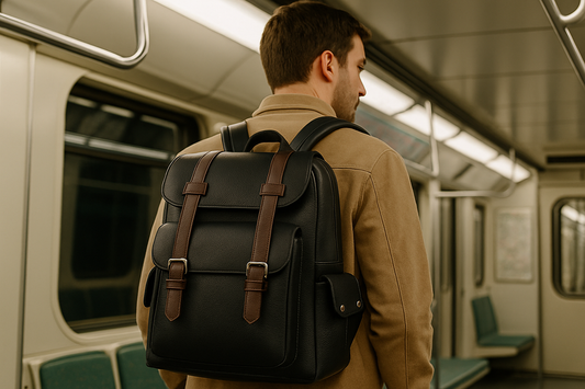 Un homme portant un sac à dos en cuir noir dans le métro