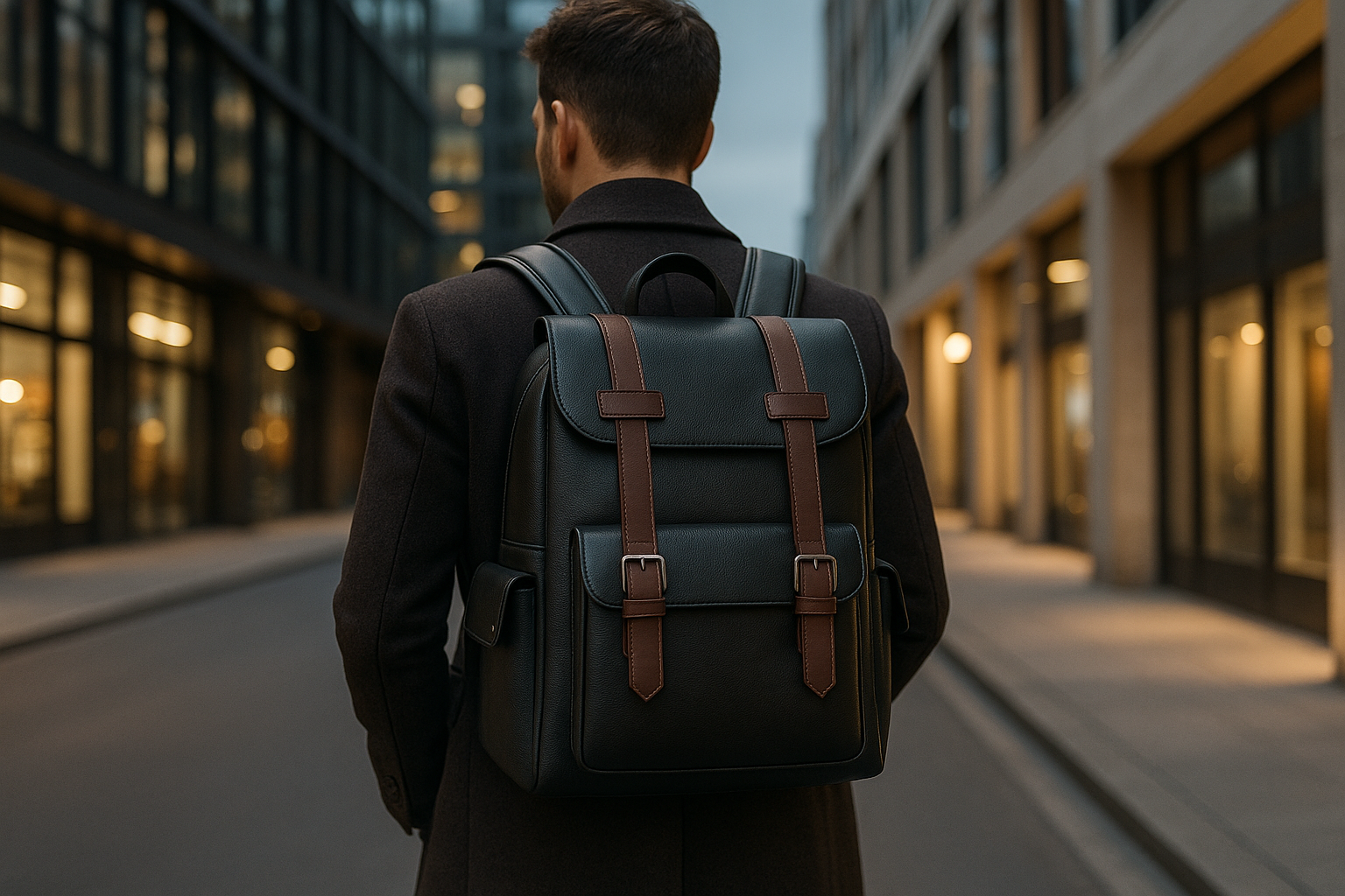 Un homme portant un sac à dos en cuir dans la rue